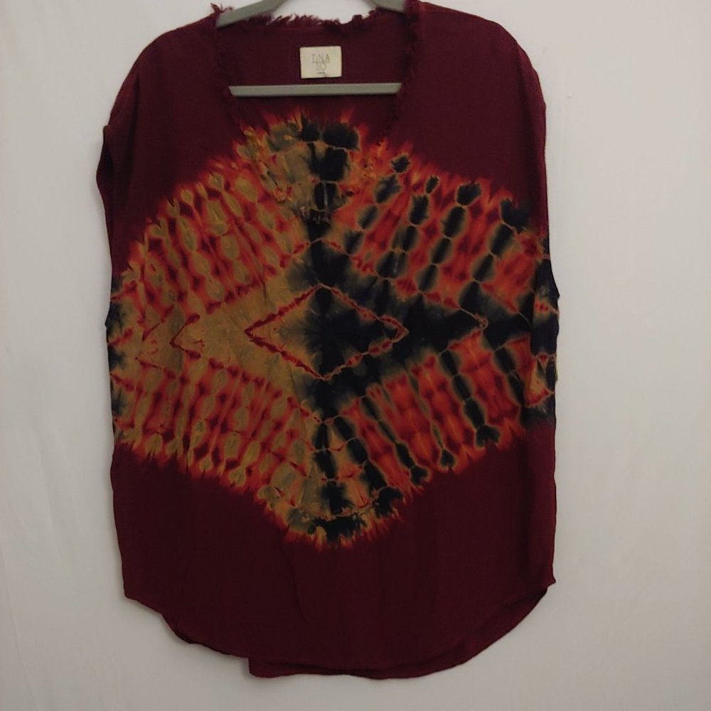 Anthropologie Tina + Jo Maroon and Blue Tie-Dye Sleeveless Shirt Large